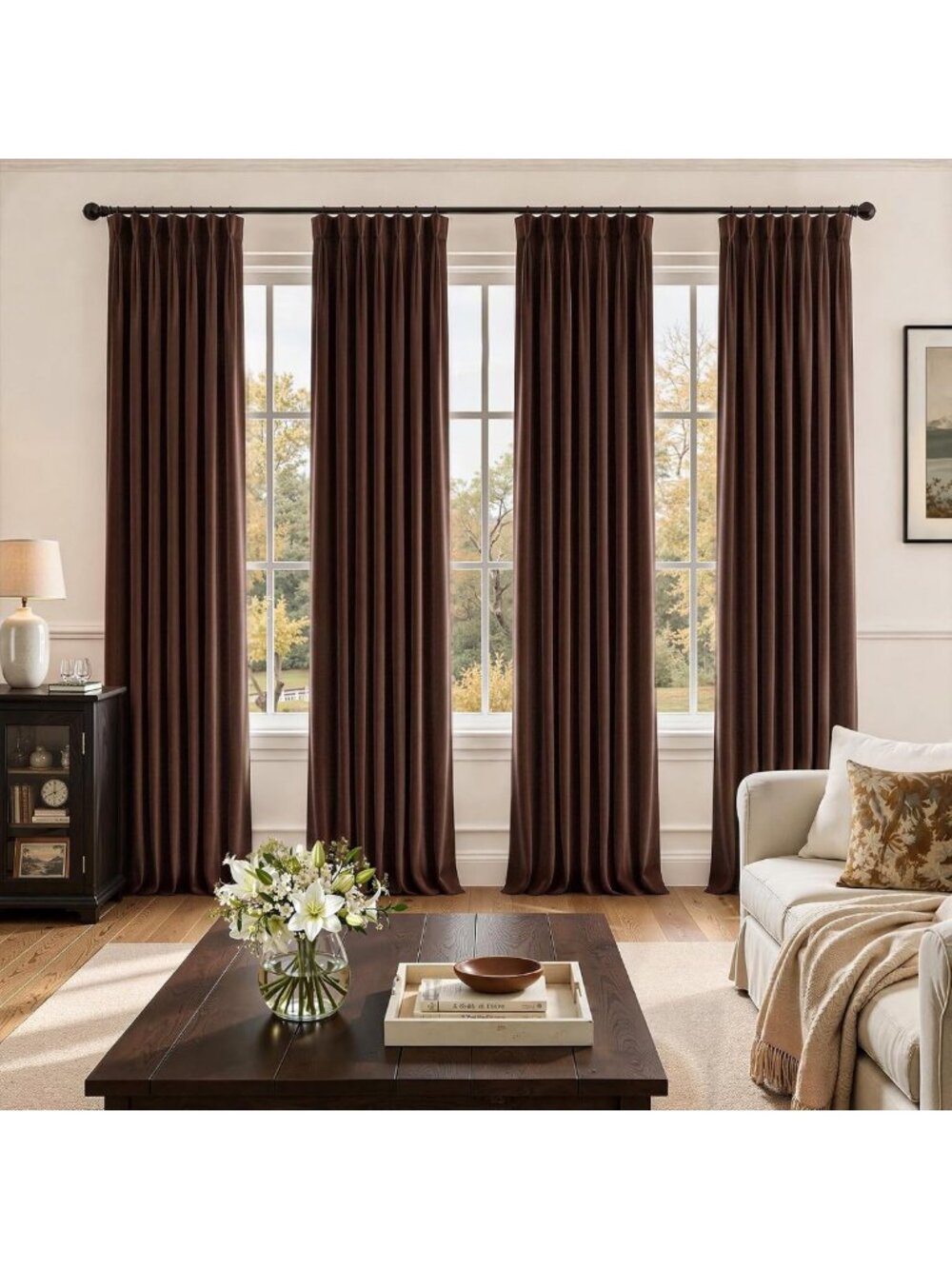Luxurious Brown Velvet Pinch Pleated Curtains, 84" Long, 4 Panels Set